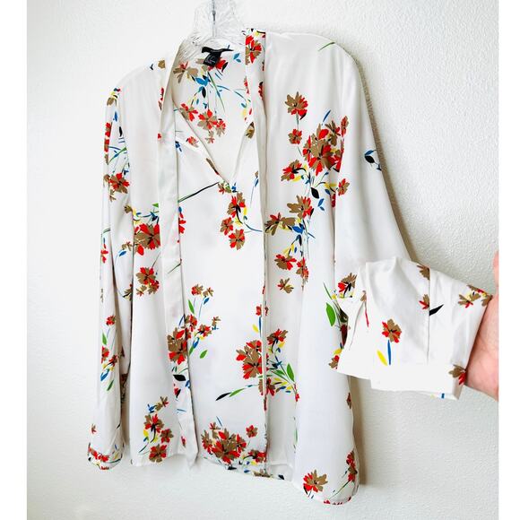 Off White Red Brown Blue Floral Long Sleeve Tie Neck Blouse Top L - Picture 3 of 11